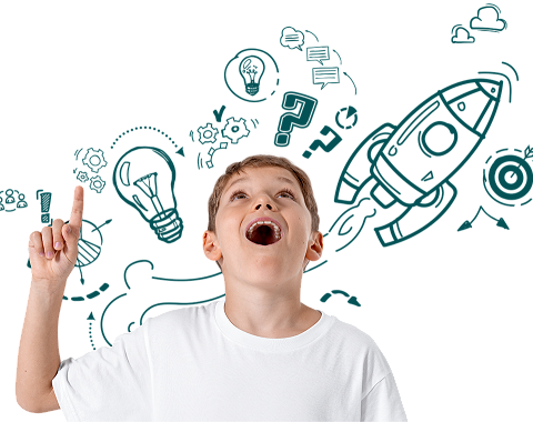 A pupil pointing and looking up at icons that include a rocket